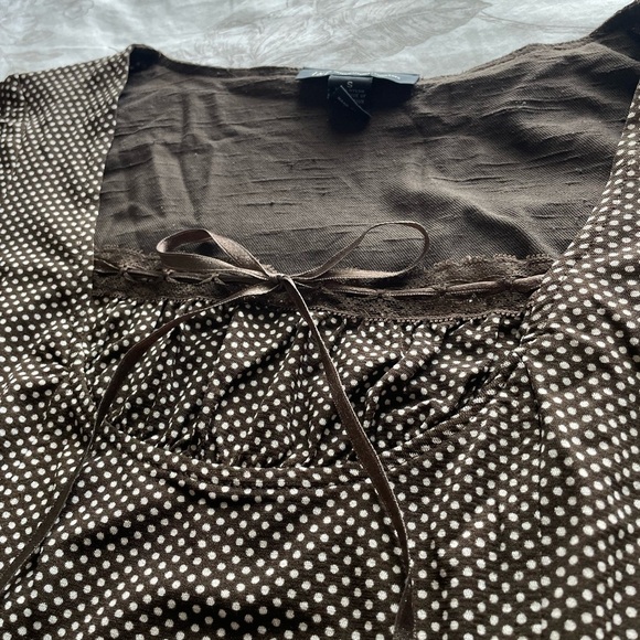 Y2K Nylon Brown White Polka Dot Micro Mesh Bow Top Small Coquette Cottage Office - Picture 6 of 6